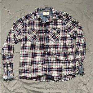 Men's Plaid Button-Down Shirt - Blue, Red, and White